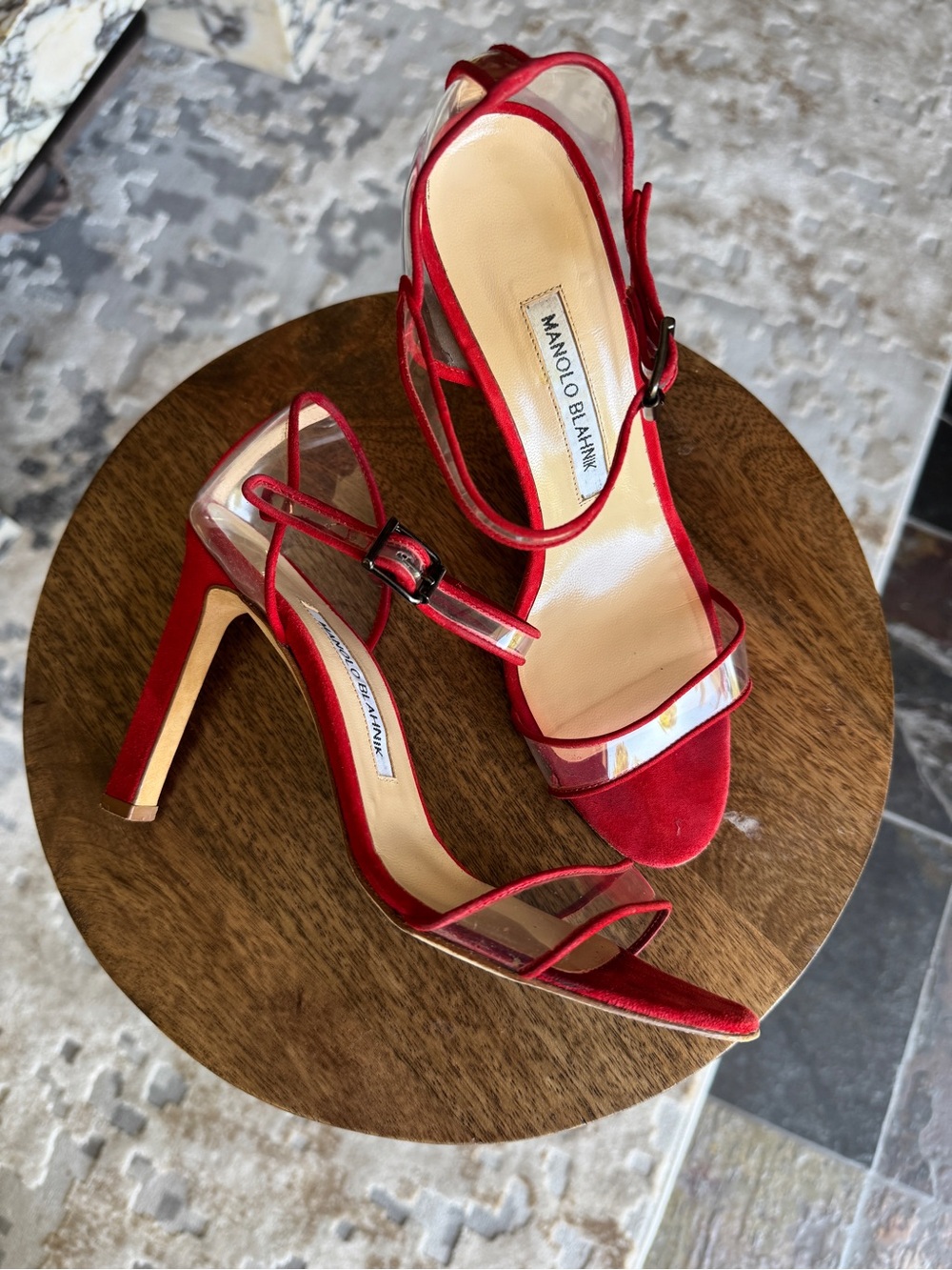 Manolo Blahnik Red Suede and Clear Strap Slingback Heels